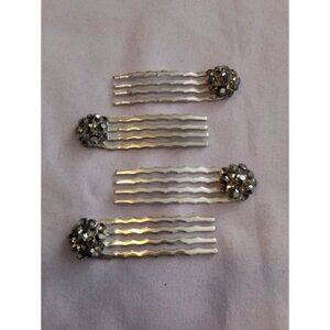 Set Of 4 Vintage Silver Tone Metal Hair Pins Combs With Rhinestone Floral Design